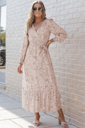 Women's Maxi Dress - V-Neck Wrap Design - Tie Belt - Long Puff Sleeves - Airy Fit