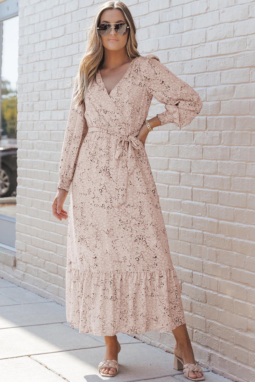 Women's Maxi Dress - V-Neck Wrap Design - Tie Belt - Long Puff Sleeves - Airy Fit