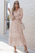 Women's Maxi Dress - V-Neck Wrap Design - Tie Belt - Long Puff Sleeves - Airy Fit