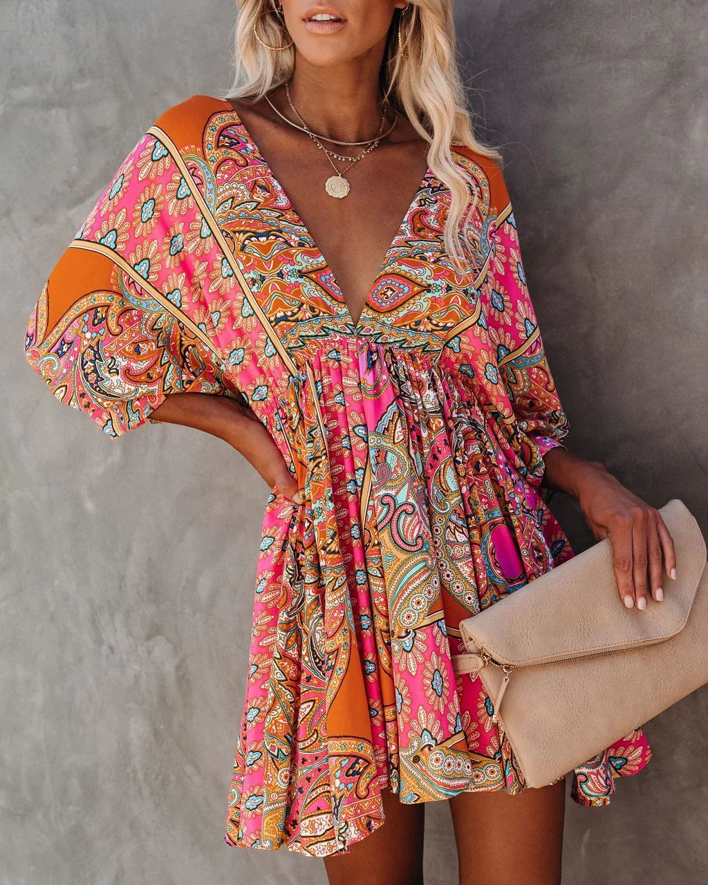 Women's Boho Dress - V-Neck - Flowy Loose Fit - Mid-Length Puff Sleeves - Paisley Pattern