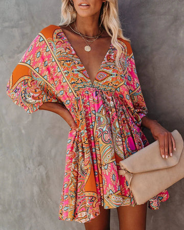 Women's Boho Dress - V-Neck - Flowy Loose Fit - Mid-Length Puff Sleeves - Paisley Pattern