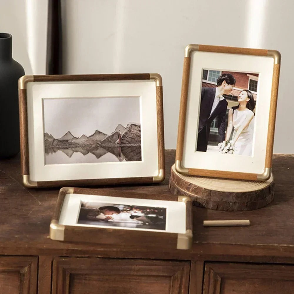 Tabletop Wood Photo Frame Brass Corner Caps