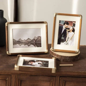 Tabletop Wood Photo Frame Brass Corner Caps