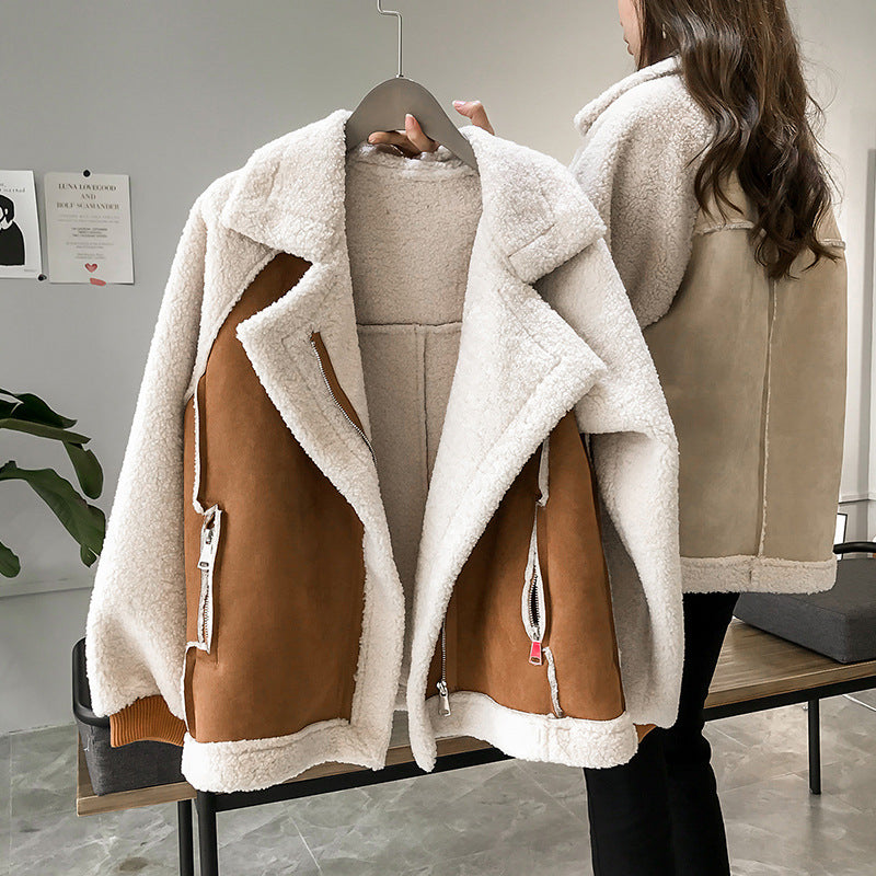 Dame Shearling Jakke - Oversized Pasform - Ruskindslook - Lynlås Lukning - Varm og Stilfuld