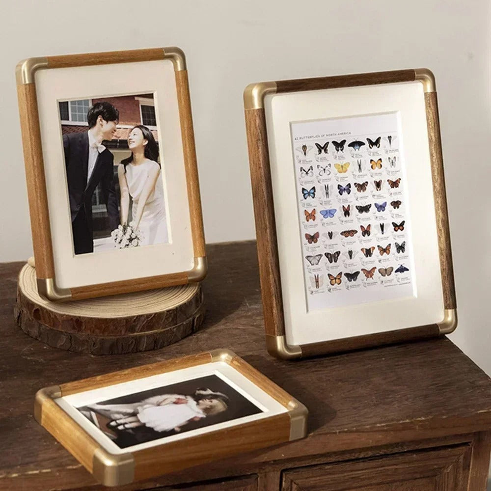 Tabletop Wood Photo Frame Brass Corner Caps