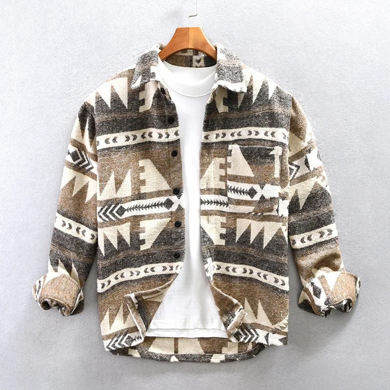 Men's Shirt Jacket - Woven Cotton - Relaxed Fit - Geometric Pattern