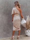 Women's Dress – One Shoulder – Asymmetric Design – Draping – Slit – Silk Look