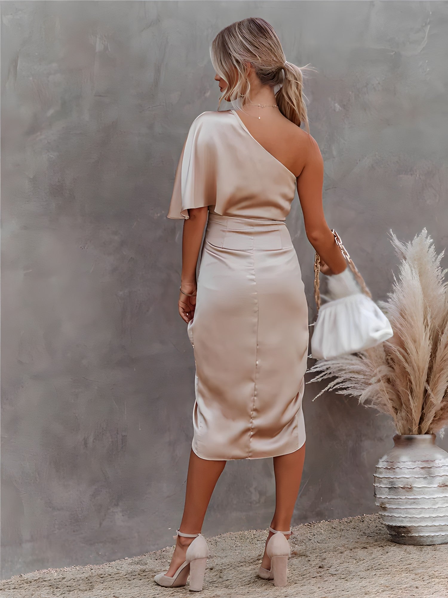 Women's Dress – One Shoulder – Asymmetric Design – Draping – Slit – Silk Look
