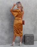 Women's Dress – One Shoulder – Asymmetric Design – Draping – Slit – Silk Look