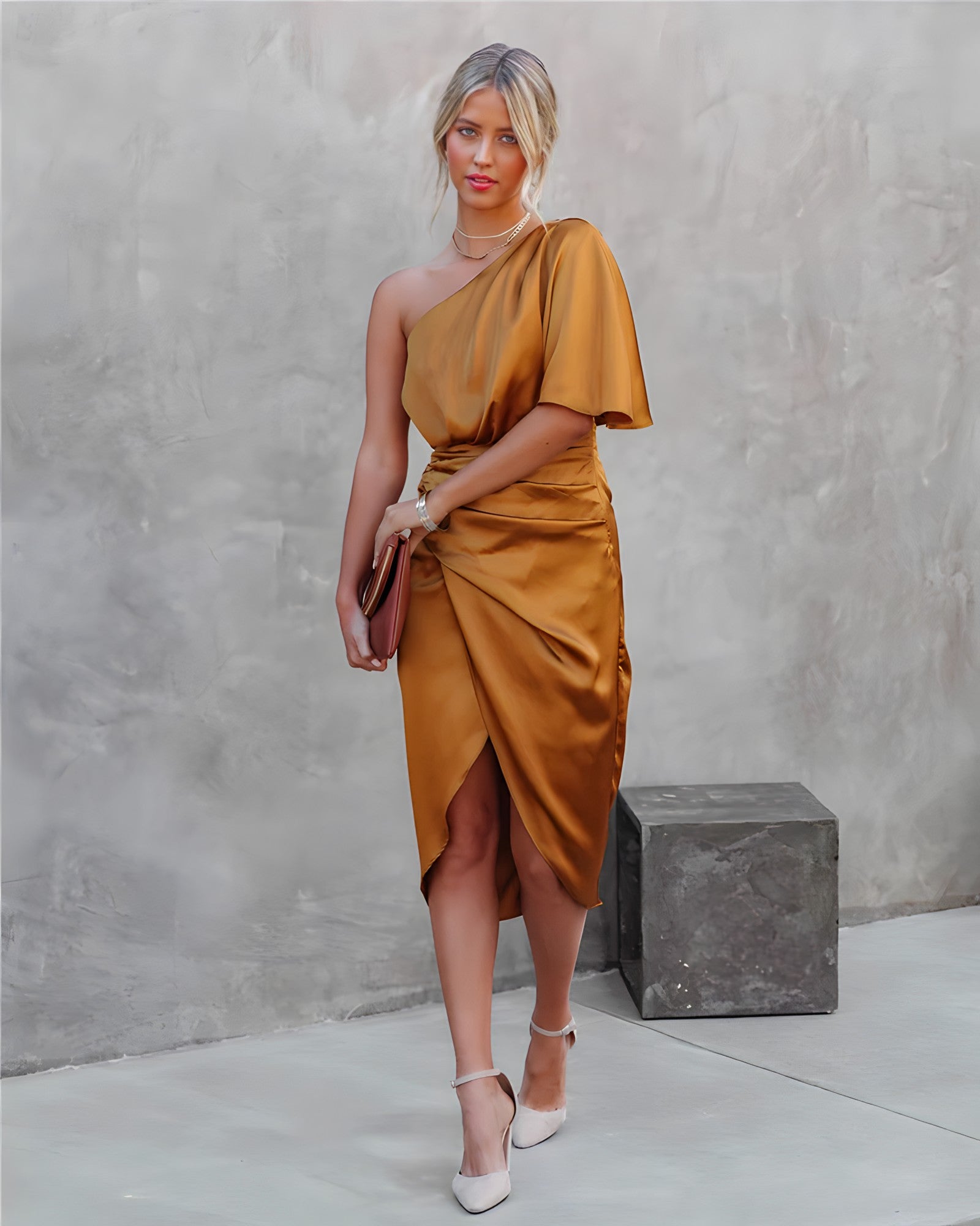 Women's Dress – One Shoulder – Asymmetric Design – Draping – Slit – Silk Look