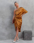 Women's Dress – One Shoulder – Asymmetric Design – Draping – Slit – Silk Look