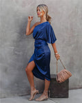 Women's Dress – One Shoulder – Asymmetric Design – Draping – Slit – Silk Look