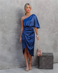 Women's Dress – One Shoulder – Asymmetric Design – Draping – Slit – Silk Look