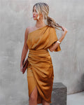 Women's Dress – One Shoulder – Asymmetric Design – Draping – Slit – Silk Look