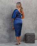 Women's Dress – One Shoulder – Asymmetric Design – Draping – Slit – Silk Look