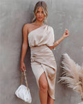 Women's Dress – One Shoulder – Asymmetric Design – Draping – Slit – Silk Look