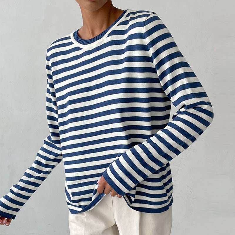 Herre Langærmet T-shirt – Blødt Stof – Regular Fit – Stribet – Rund Hals