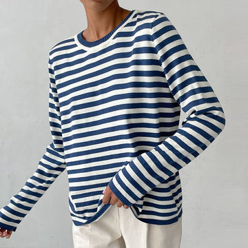 Herre Langærmet T-shirt – Blødt Stof – Regular Fit – Stribet – Rund Hals