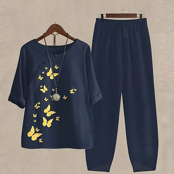Dame Sæt med Bluse og Bukser – Løs Pasform – Sommerfugl Print – Elastisk Talje – 3/4 Ærmer