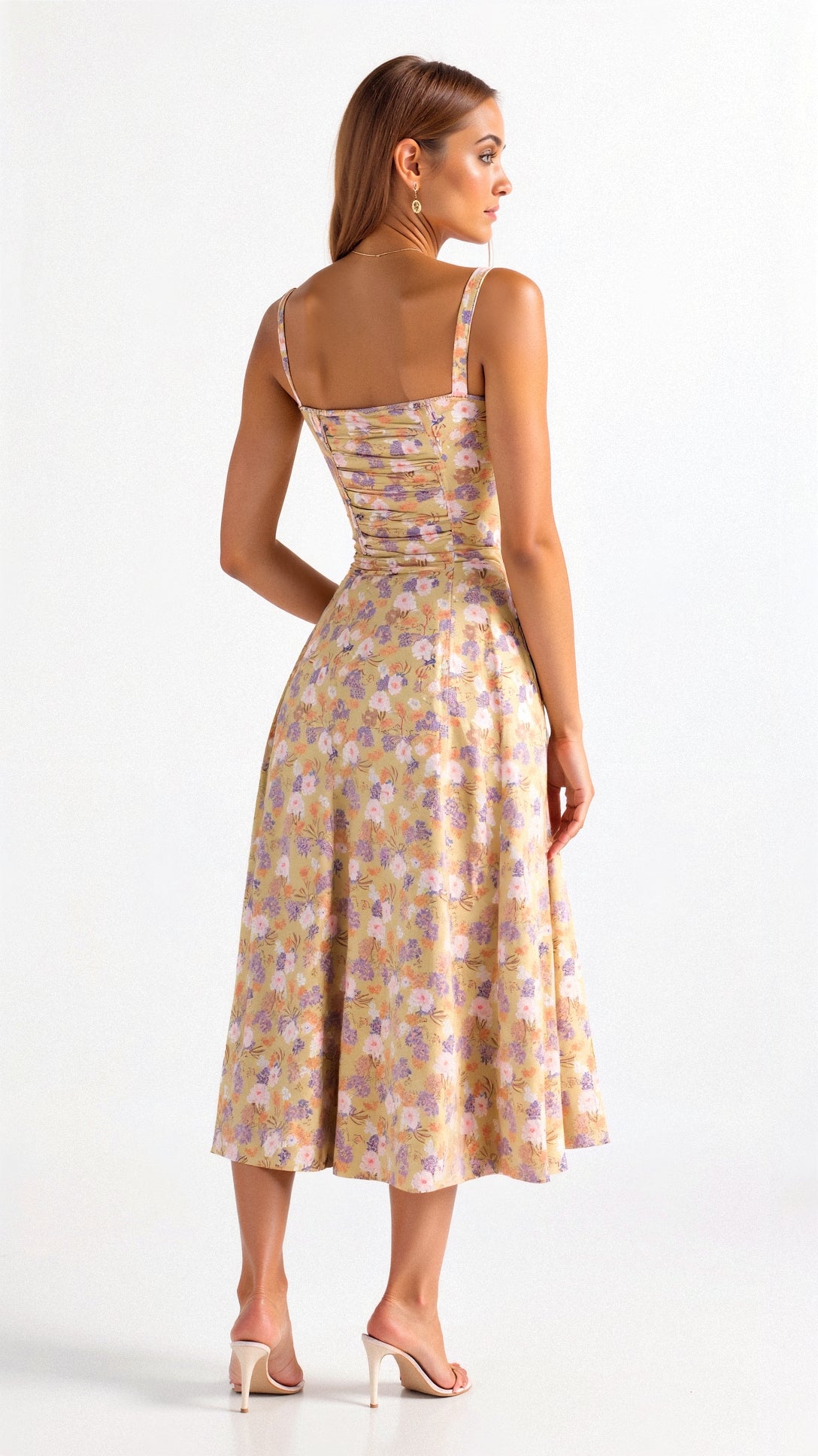 Dame Midikjole – Blomsterprint – Sweetheart-udskæring – Slids – Figursyet Overdel