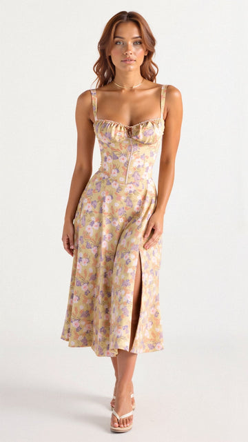 Dame Midikjole – Blomsterprint – Sweetheart-udskæring – Slids – Figursyet Overdel