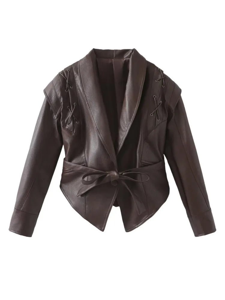 Tailored Shawl Collar Waist Tie Leather Jacket