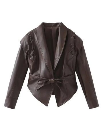 Tailored Shawl Collar Waist Tie Leather Jacket
