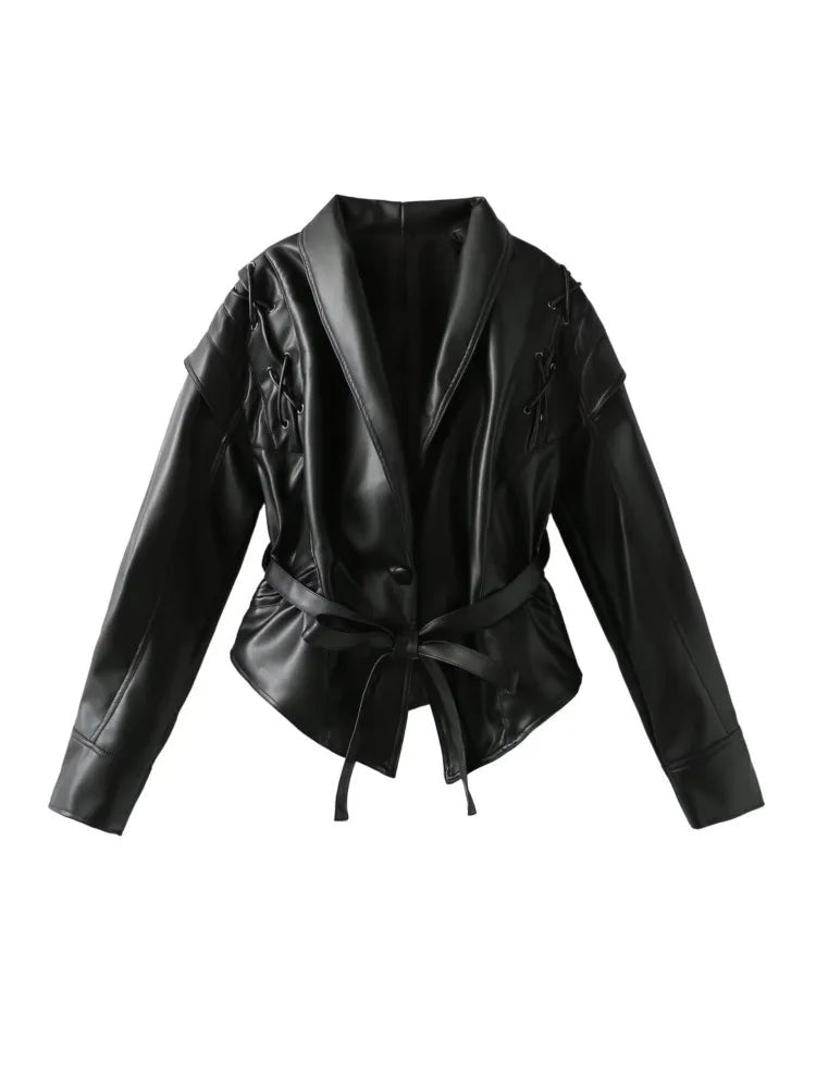 Tailored Shawl Collar Waist Tie Leather Jacket