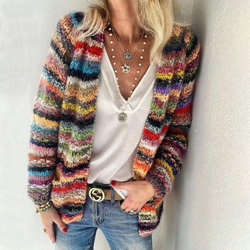Dame Cardigan – Strik – Afslappet Pasform – Åben Front – Blød og Varm – Multistribet Design