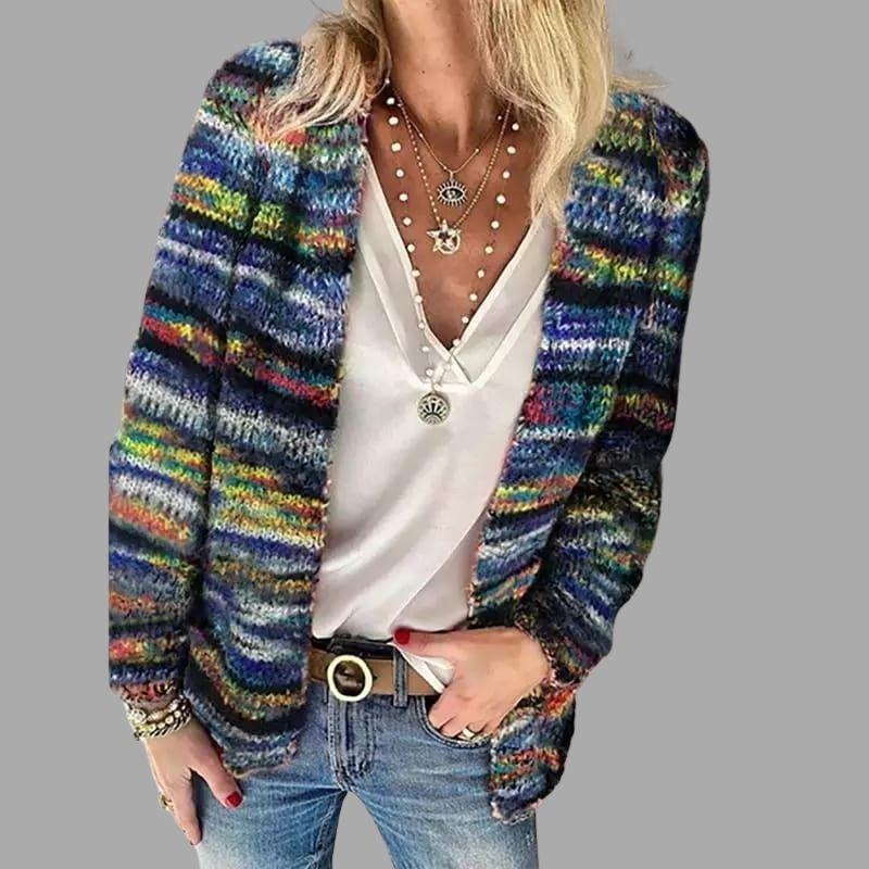 Dame Cardigan – Strik – Afslappet Pasform – Åben Front – Blød og Varm – Multistribet Design