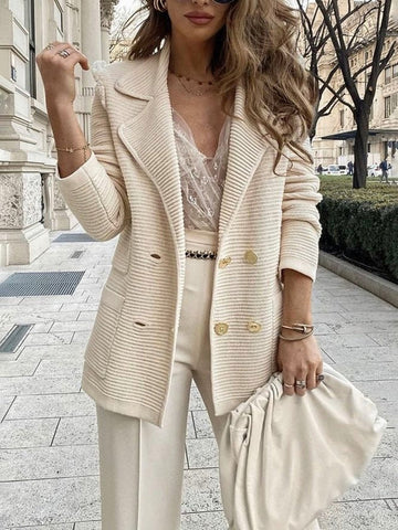 Tailored Textured Woven Double-Breasted Blazer