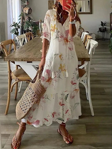 Dame Maxi Kjole - Letvægtsmateriale - V-Hals - Korte Ærmer - Blomstret og Løs Pasform