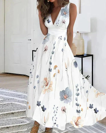 Dame Maxi Kjole – Ærmeløs – V-Hals – Letvægt – Blomsterprint – Elegant Pasform