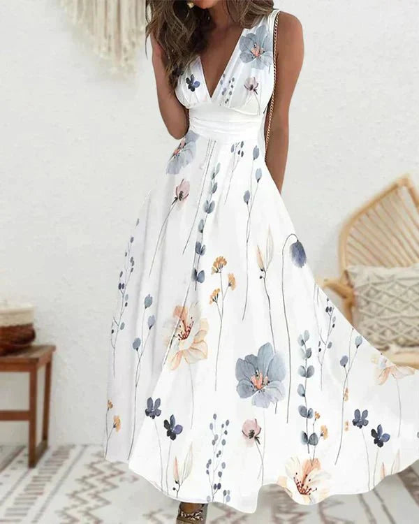 Dame Maxi Kjole – Ærmeløs – V-Hals – Letvægt – Blomsterprint – Elegant Pasform