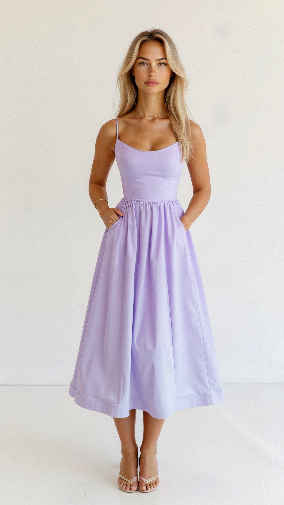 Women's Dress – A-line Fit – Midi Length – Spaghetti Straps – Waisted Design