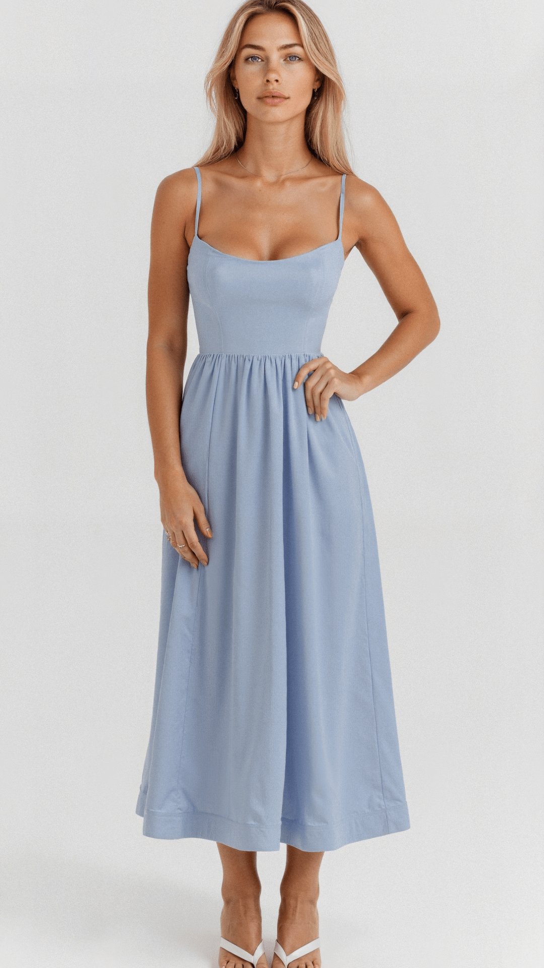 Women's Dress – A-line Fit – Midi Length – Spaghetti Straps – Waisted Design