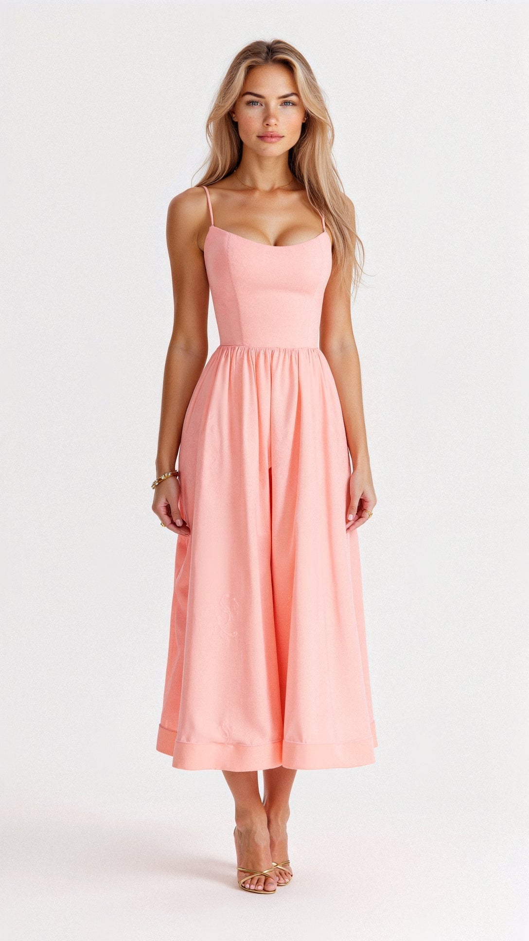 Women's Dress – A-line Fit – Midi Length – Spaghetti Straps – Waisted Design