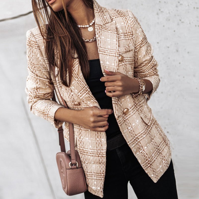 Dame Blazer – Skræddersyet Pasform – Dobbeltknappet – Tweed – Ternet Mønster