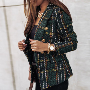 Dame Blazer – Skræddersyet Pasform – Dobbeltknappet – Tweed – Ternet Mønster