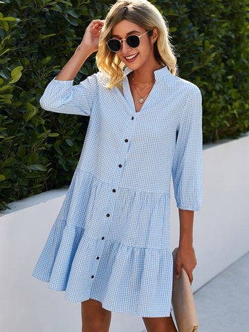 Dame Kjole - A-formet Gingham Mønster - Rynket Skørt - 3/4 Ærmer - V-Hals Med Knapper