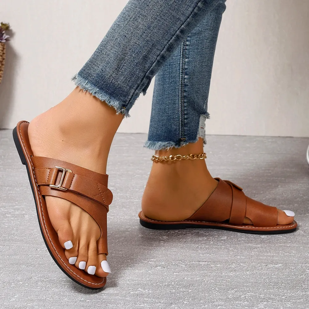 Women's Sandals - Genuine Leather - Open Toe - Comfortable Flat Sole - Casual Everyday