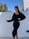 Women's Set - Long-Sleeved V-Neck Crop Top - High-Waisted Bodycon Midi Skirt - Stretchable