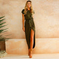 Women's Maxi Dress - Light and Airy - Tie at Waist - Asymmetric Slit