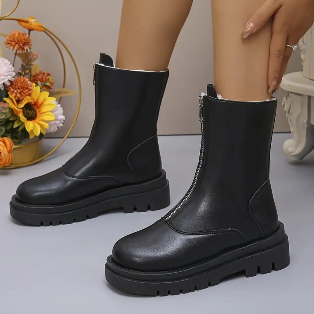 Women's Ankle Boots - Leather Look - Chunky Sole - Side Zipper - Comfortable and Stylish