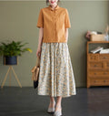 Women's Shirt Blouse - Cotton Linen - Relaxed Fit - Short Sleeves - Buttoned Front