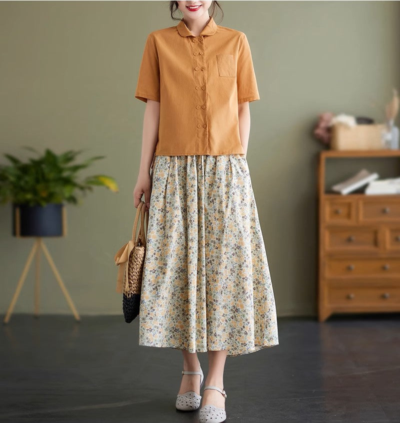 Women's Shirt Blouse - Cotton Linen - Relaxed Fit - Short Sleeves - Buttoned Front