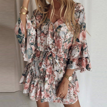 Floral Flared Sleeve Ruffle Hem Mini Dress