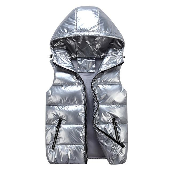 Men’s Puffer Vest – Relaxed Fit – Quilted Hood – Glossy Wind-Resistant Outerwear