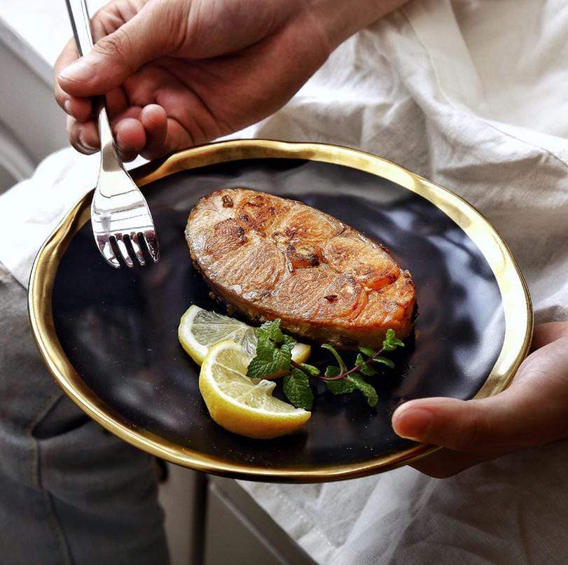 Metal-Rimmed Ceramic Dinner Plate