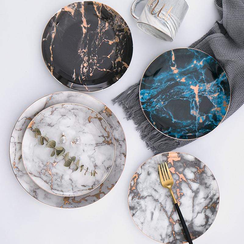 Glazed Ceramic Marble-Effect Metallic Rim Dinner Plate